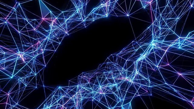 A glowing network of blue and pink wireframe lines connects in an abstract pattern against a stark black background. The design has space to overlay text or titles.