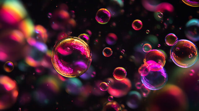 Vibrant Rainbow Bubbles in Darkness