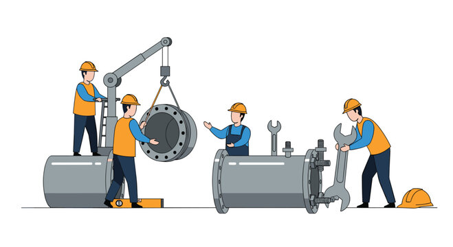 Construction technicians in orange hardhats assemble a large industrial pipe flange using a mechanical crane and a oversized wrench on a flat white background.