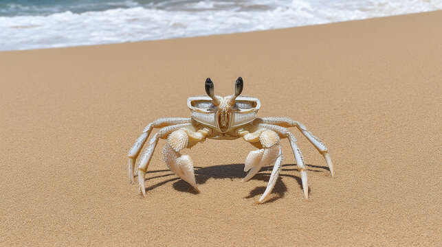Close-up of a ghost crab on a sandy beach with ocean waves in background, marine life