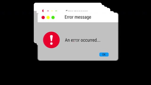 Multiple system error popups flooding dark screen. Software errors. Alert popup. System failure pc interface. 4K video.