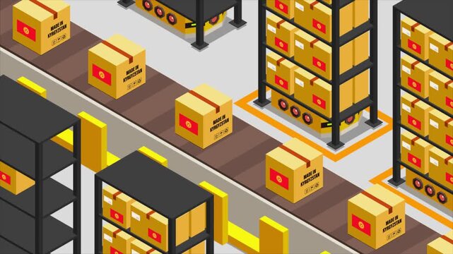 Smart Automated Warehouse System with Flag of KYRGYZSTAN, Modern Industrial Logistics and Supply Chain Animation