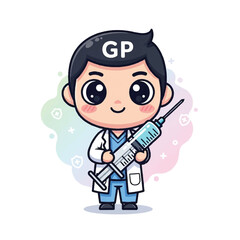 Fototapeta premium Cartoon doctor holding large syringe.
