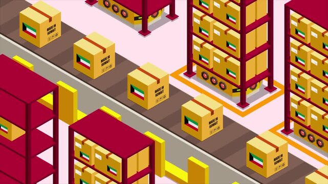 Smart Automated Warehouse System with Flag of KUWAIT, Modern Industrial Logistics and Supply Chain Animation