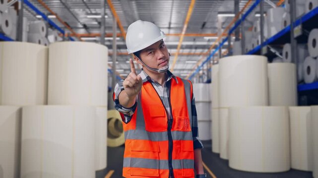 Asian Male Engineer With Safety Helmet Disapproving With No Index Finger Sign While Standing at Warehouse with Rows of Stacked White Polymer and Paper Rolls