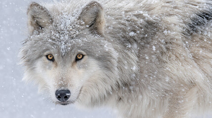 Fototapeta premium Close-up of grey wolf with snowflakes on fur looking directly at viewer in winter