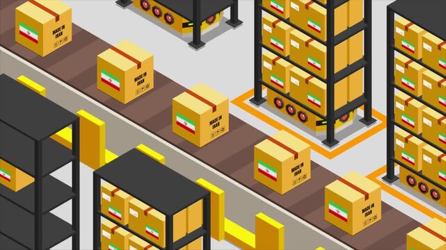 Smart Automated Warehouse System with Flag of IRAN, Modern Industrial Logistics and Supply Chain Animation