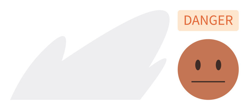 Danger, warnings, life-threatening risks, alert systems, ocean safety, fear response. Shark silhouette with a concerned face and danger label. Danger and warnings concept