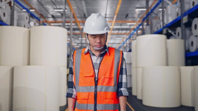 Asian Male Engineer With Safety Helmet Having A Headache While Working at Warehouse with Rows of Stacked White Polymer and Paper Rolls