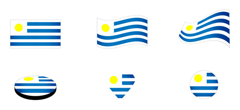 Conjunto de iconos de la bandera de Uruguay. S&iacute;mbolo con forma de coraz&oacute;n, bot&oacute;n y circular. Ilustraci&oacute;n para sitio web, app, folleto, dise&ntilde;o gr&aacute;fico, uso personal, locaci&oacute;n, ubicaci&oacute;n y otros.