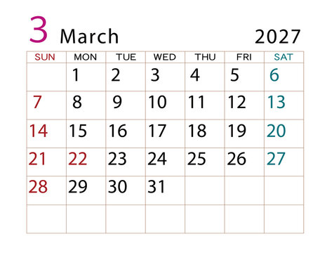 2027年カレンダー　3月