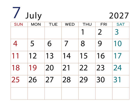 2027年カレンダー　7月	