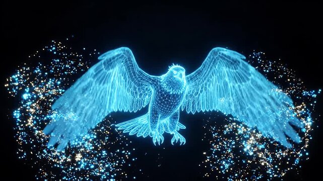 An abstract, digital video of an eagle is displayed with its wings spread, constructed from a glowing blue wireframe.