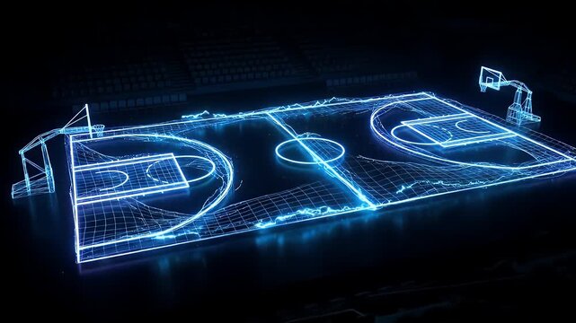 An abstract basketball court is depicted with glowing blue wireframe lines against a dark background. The court lines, hoops, and stands are all illuminated with neon blue light.