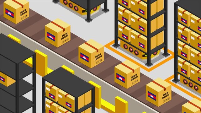 Smart Automated Warehouse System with Flag of CAMBODIA, Modern Industrial Logistics and Supply Chain Animation