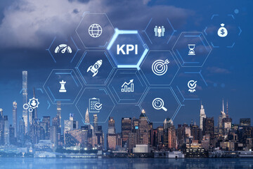 KPI interface with business icons over modern city skyline at dusk. © ImageFlow