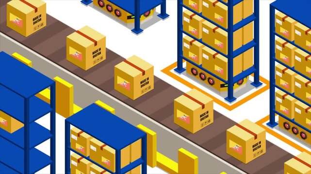 Smart Automated Warehouse System with Flag of BHUTAN, Modern Industrial Logistics and Supply Chain Animation