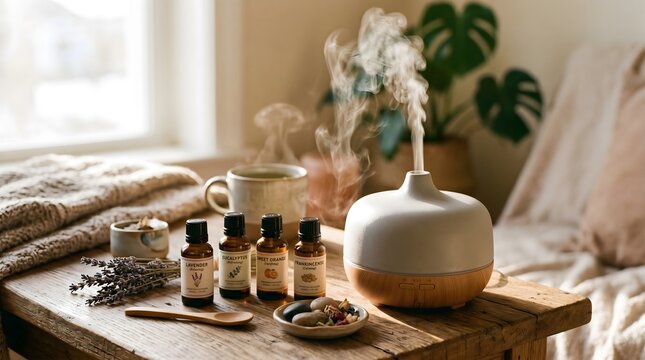 Close-up of essential oils and diffuser on wooden table, steam visible, soft lighting, wellness concept