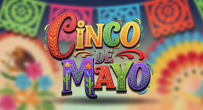 Cinco de Mayo celebration text with colorful papel picado banners and floral decorations