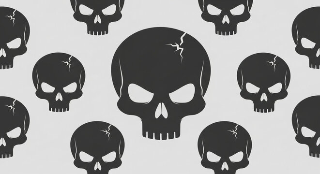 Dark Skull Pattern Background with Cracked Center Skull, Ominous Graphic Design