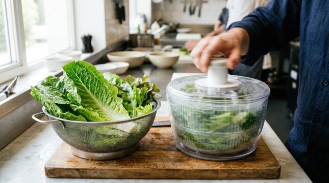 Fresh Greens Are Being Prepared in a Kitchen With a Salad Spinner for a Nutritious Meal Made From Local Vegetables