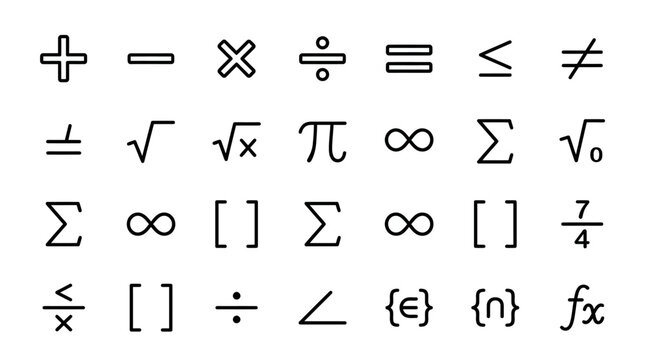 Mathematical symbols set addition subtraction division and more