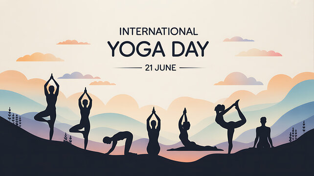 Minimalistic flat design illustration for International Yoga Day featuring various yoga poses and a serene background.