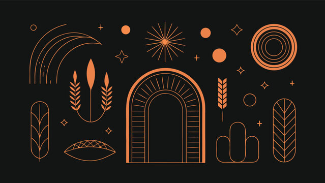 A set of vector design elements and illustrations in a simple linear style