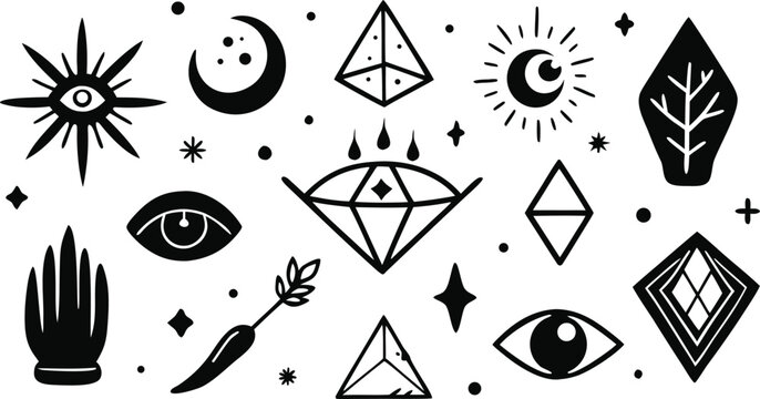 A set of Vector hand-drawn rough ink mystical symbols, sacred boho signs, and design elements