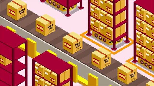 Smart Automated Warehouse System with Flag of SPAIN, Modern Industrial Logistics and Supply Chain Animation
