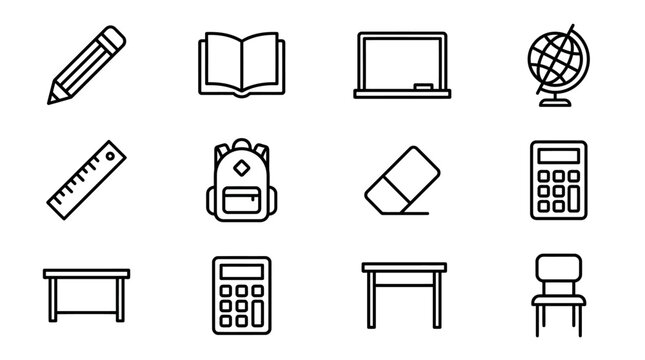 School supplies icon set pencil book blackboard ruler backpack calculator