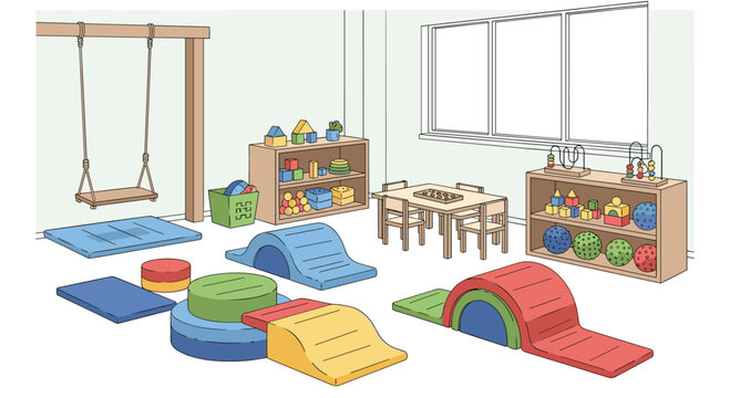 Foam climbing arches and a wooden swing set occupy a sunlit therapy room filled with shelves of sensory integration toys and educational games for young children.