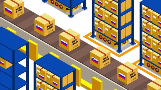 Smart Automated Warehouse System with Flag of SLOVENIA, Modern Industrial Logistics and Supply Chain Animation