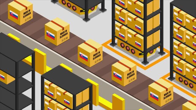 Smart Automated Warehouse System with Flag of SLOVAKIA, Modern Industrial Logistics and Supply Chain Animation