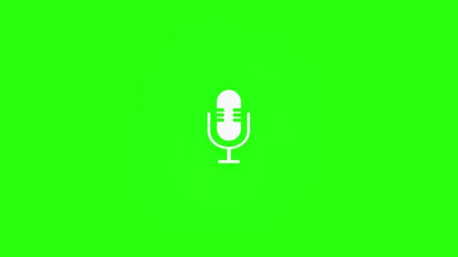 Minimalist White Microphone Icon Animation with Pulsing Circles on Green Screen Chroma Key