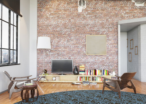 3D illustration of a modern loft living room. Exposed brick wall and blank canvas mockup
