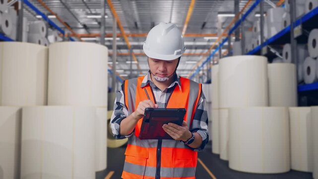 Asian Male Engineer With Safety Helmet Taking Note On The Tablet And Looking Around While Standing at Warehouse with Rows of Stacked White Polymer and Paper Rolls