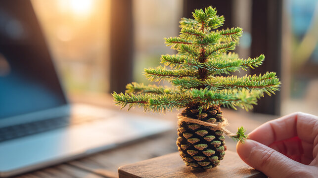 Tiny pine tree seedling in a pine cone on a wooden surface with seedling