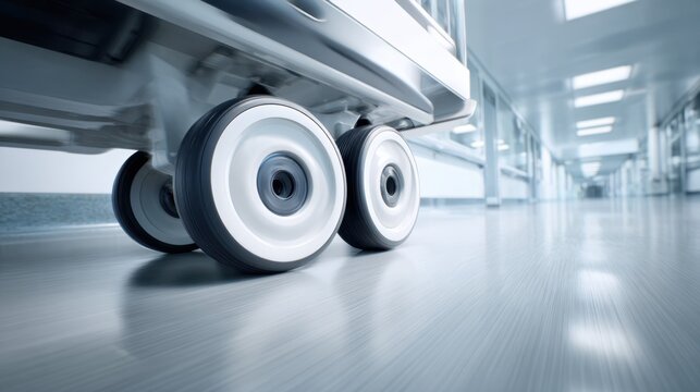 Wheels roll down a hallway