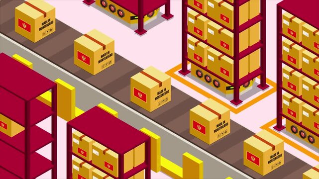 Smart Automated Warehouse System with Flag of MONTENEGRO, Modern Industrial Logistics and Supply Chain Animation
