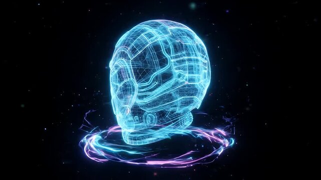 A glowing, blue wireframe helmet is displayed against a black backdrop, suggesting advanced technology. It's subtly rotating above a ring of pink and blue energy.
