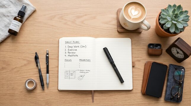 Overhead shot of a clean workspace with notebook, pen, coffee, and small plant, organized desk, stress management and productivity concept, flat lay photography