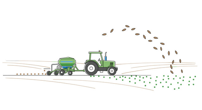Green tractor pulling a seeder across a dry, contoured field, scattering seeds in a demonstration of agricultural planting methods.