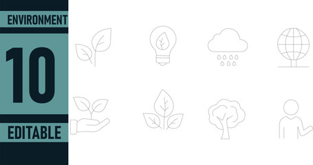 Fototapeta premium Eco Environment Line Icons Set,environment, eco, sustainability, ecology, green, nature, recycle, renewable, energy, earth, globe, plant, leaves, tree