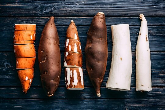 Cassava root vegetables whole and sliced on dark wood