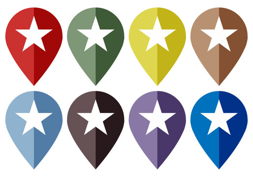 Conjunto de iconos de ubicaci&oacute;n con estrellas blancas en varios colores
