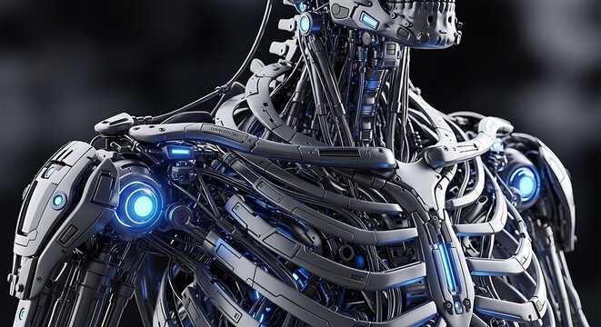 Robotic cyborg torso with glowing blue lights.