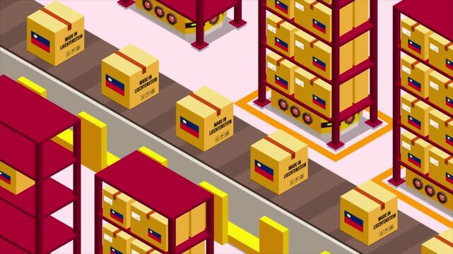 Smart Automated Warehouse System with Flag of LIECHTENSTEIN, Modern Industrial Logistics and Supply Chain Animation
