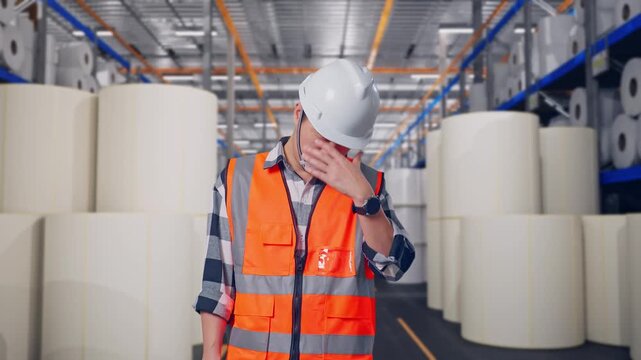 Asian Male Engineer With Safety Helmet Having A Headache While Working at Warehouse with Rows of Stacked White Polymer and Paper Rolls