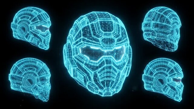 The video showcases several views of a futuristic helmet design video as a glowing blue wireframe on a black background.